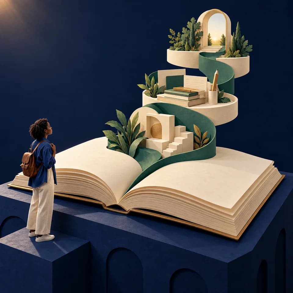 An open notebook unfolds into a learning path beside a young adult learner.